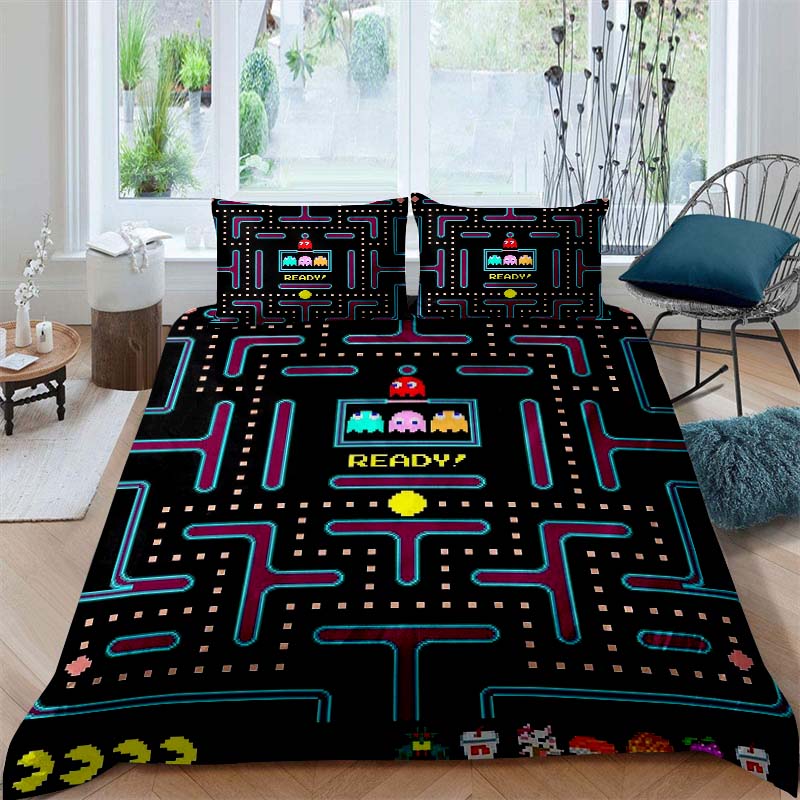 Детский развивающий постельный комплект с принтом Pac-Man, включающий пододеяльник и две наволочки, — идеальный праздни