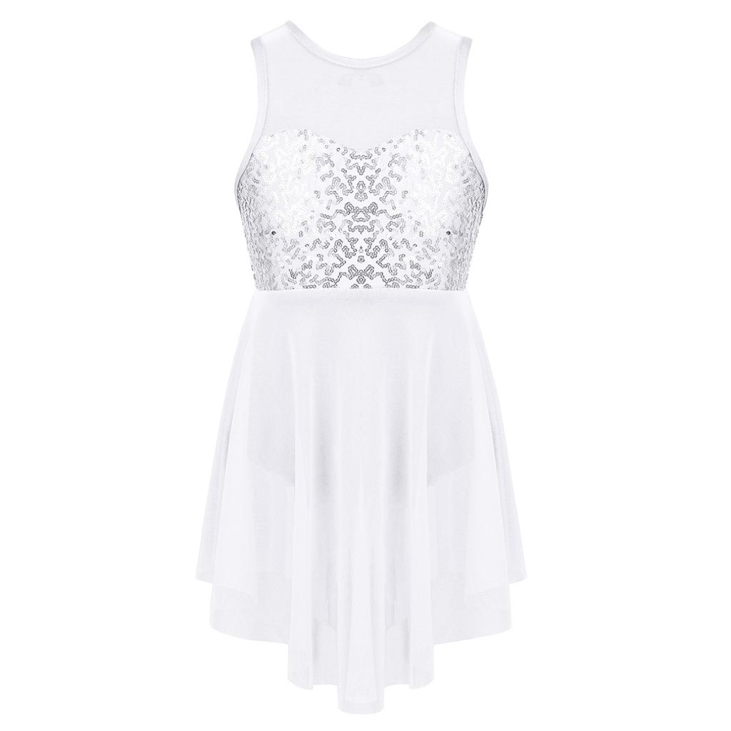 Kids Girls Sleeveless Irregular Hem Lyrical Dance Ballet Leotard Dress Performance Costume