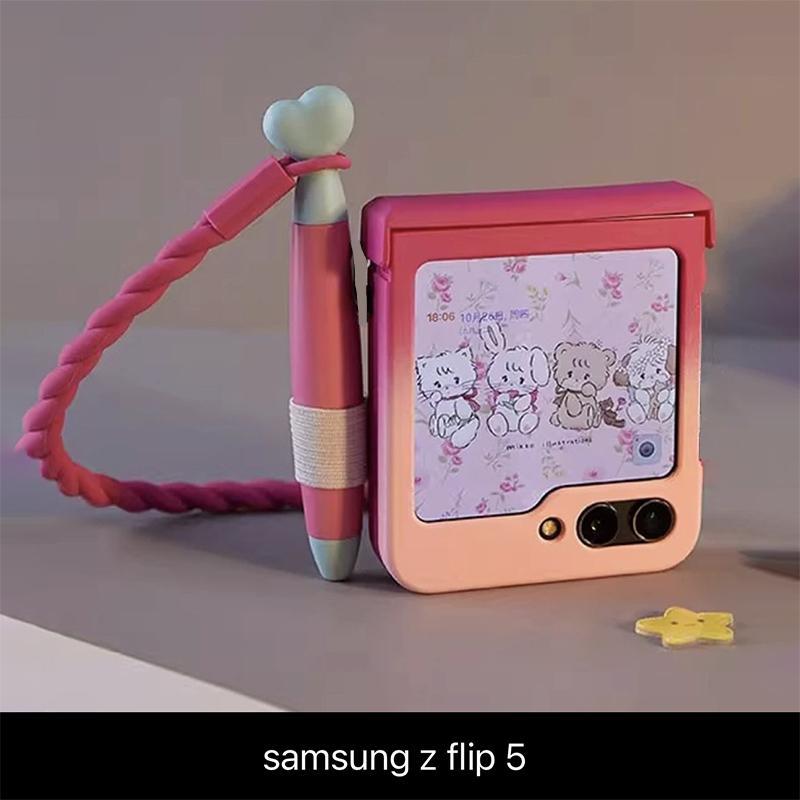 Для Samsung z flip5 Чехол Милый Чехол для Телефона для Samsung Galaxy Z Flip5 со Стилусом, Кавайные Чехлы z flip 5 3D Мечтательный Кролик Градиент Красный Розовый Цветной Чехол
