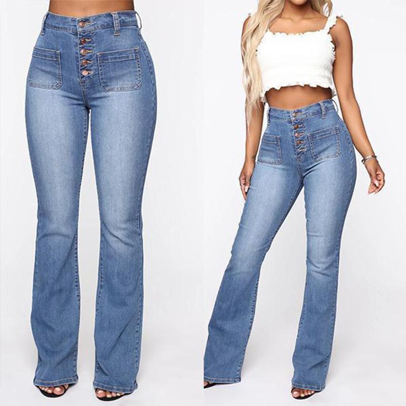 High Waist Women's Jeans Button Patch Pocket Wash