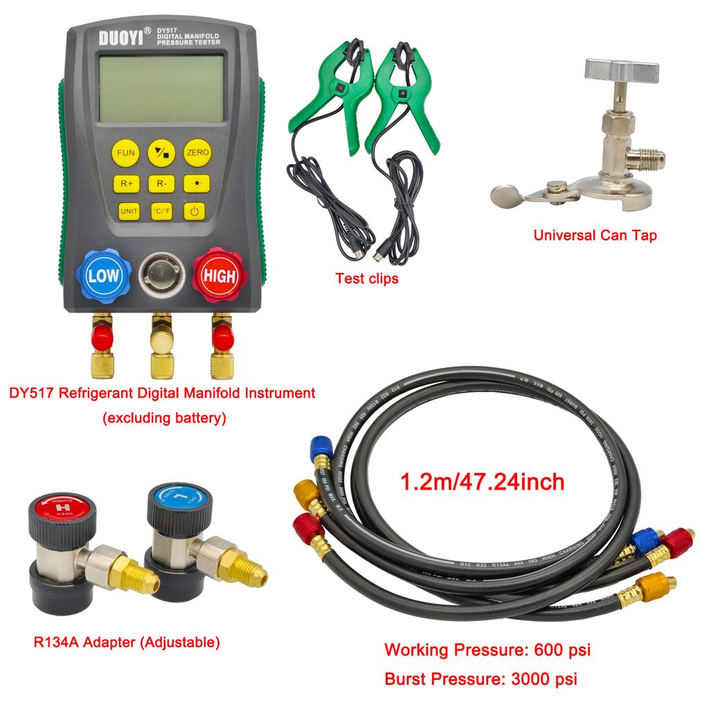 DY517 Digital AC Refrigerant Gauge Kit, HVAC Vacuum Pressure Meter, Electronic Manifold (Batteries Not Included)