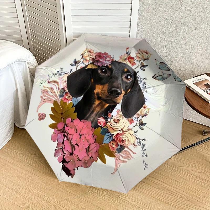 1pc Floral Dachshund with Butterflies Umbrella with Plastic Handle,Suitable for All Seasons Home Travel Outdoor UmbrellaDD1771