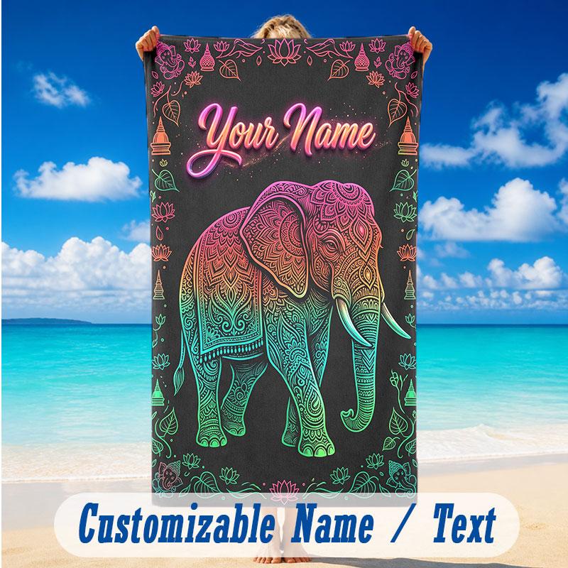 Elephant Theme Beach Towel Personalized Custom Name & Text Soft Quick Dry Beach Towel for Swimming Travel