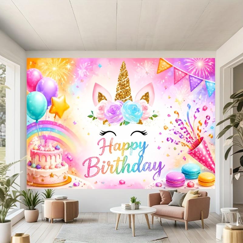 Whimsical Pastel Unicorn with Floral Crown, Rainbow, Balloons and Happy Birthday Script, Vibrant Celebration Backdrop for Birthday Party