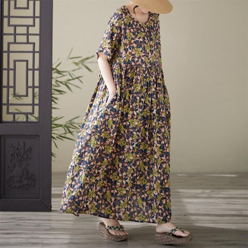 Короткий рукав Плюс размер Хлопок винтажный цветочный новый в платьях для женщин повседневный свободный Макси длинное летнее платье