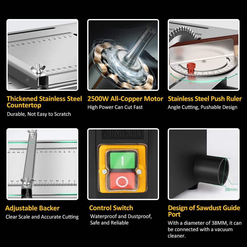 2500 Вт 340 мм * 280 мм Деревообрабатывающая декоративная настольная пила Недавно модернизированная столешница из нержавеющей стали с