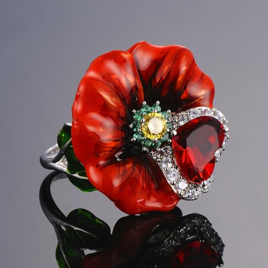 Women Heart Faux Ruby Flower Pendant Ring Party Jewelry Gift AVE