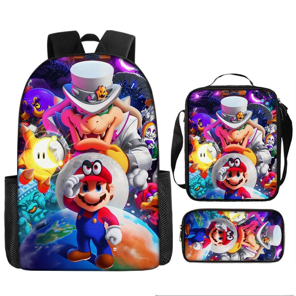 Mario Cartoon Kids Backpack Set for Students Large Capacity Casual Bookbag Trio