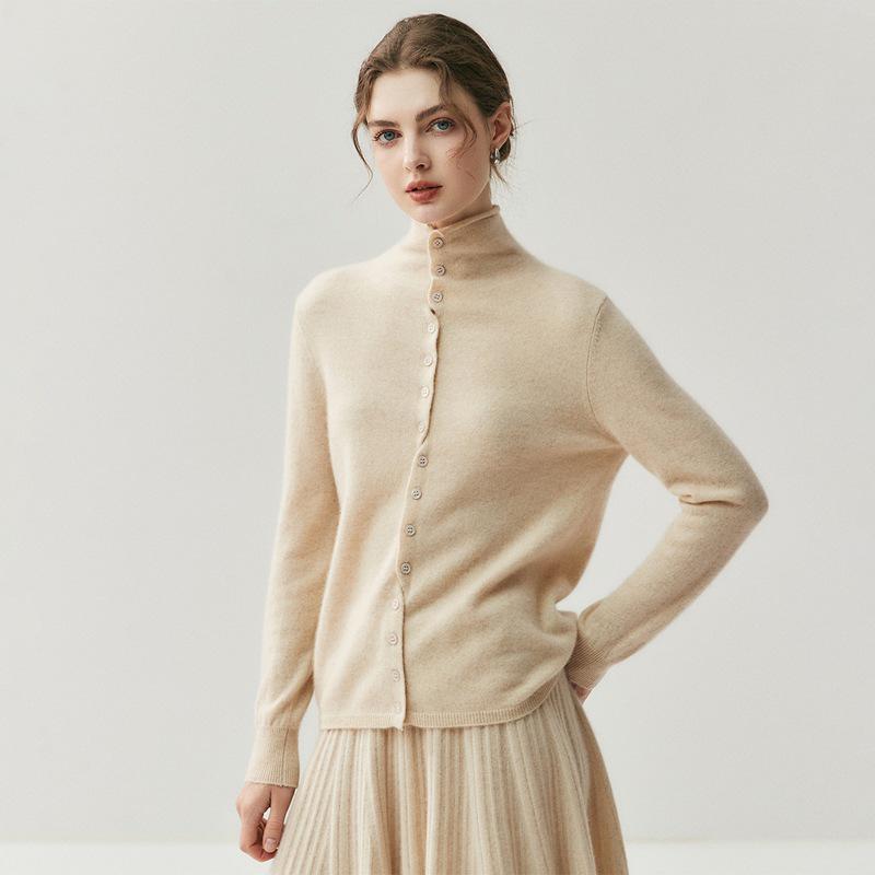 2026 Autumn/Winter Women's Reversible Cashmere High Neck Cardigan - Rolled Edge, Casual, Skin-Friendly Knit Sweater