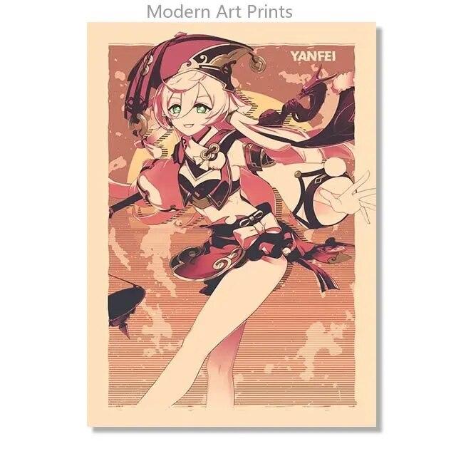 Ретро Genshin Impact Ganyu Hutao игровой плакат печать на холсте настенные аниме фотографии домашний декор комнаты без рамки