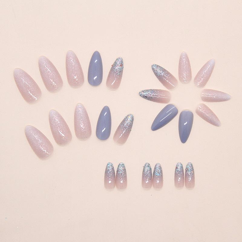 Clear fine glitter blue fairy temperament medium and long almond armor ins wind removable wearable armor