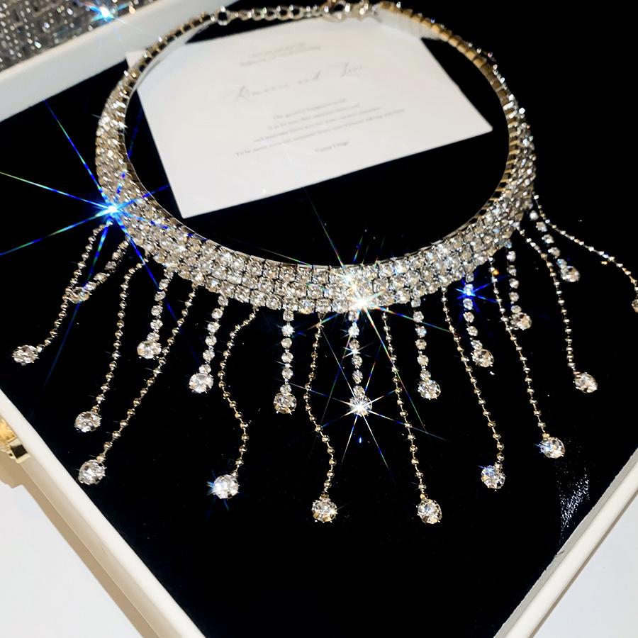 Xingyi Ferry Moon Full Diamond Multi Row Geometric Tassel Necklace Light Luxury Niche Collar Banquet Luxurious Atmosphere Decoration