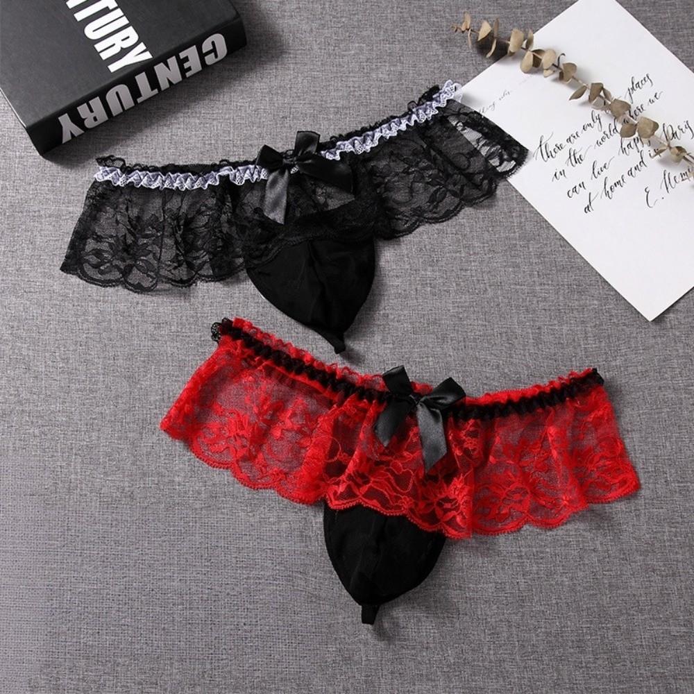 Bowknot Men Lace Hollow Thongs Underpants Male Briefs Transparent Men's Sheer Lace Panties Men