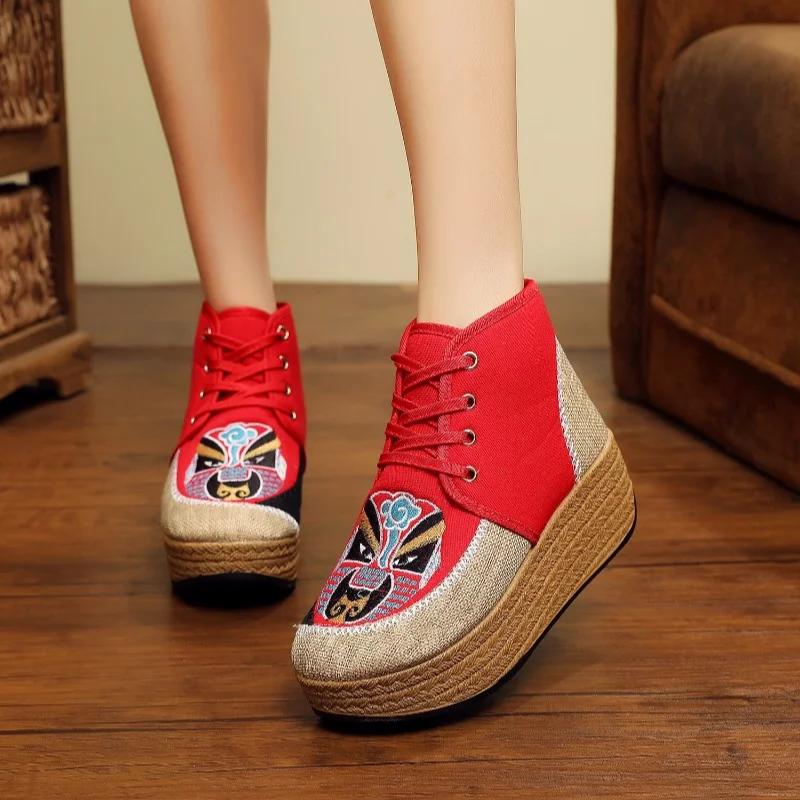 Мода 2024 Новые Ретро Женские Льняные Хлопковые Вышитые Короткие Ботильоны на Платформе Удобные Женские Ботильоны на Шнуровке Зимняя Обувь