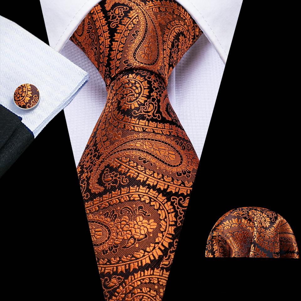 Barry.Wang Necktie Hankerchief Cufflinks Set Earth Yellow Paisley Jacquard Woven Wedding
