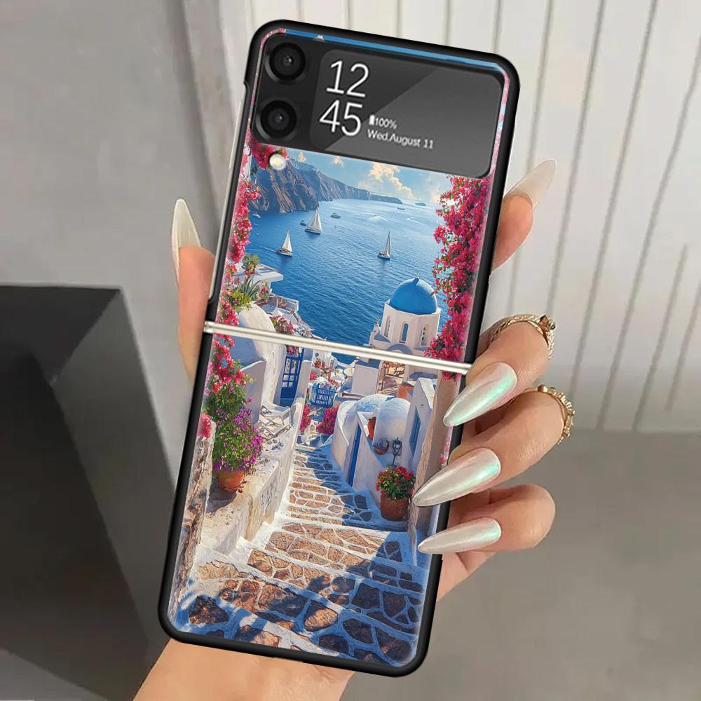 Греция Летом Санторини Жесткий ПК Чехол для Телефона Для Samsung Galaxy Z Flip 7 6 5 4 3 Черный ZFlip7 ZFlip6 Flip5 Flip4 Flip3 5G Печать