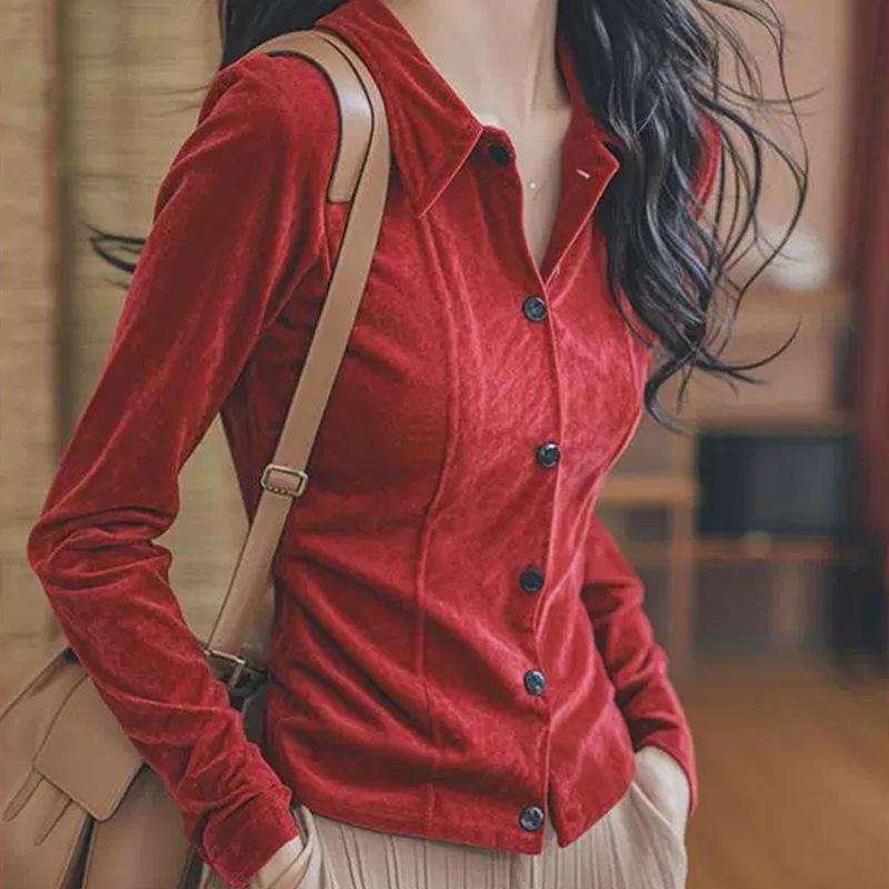 Французский нишевый топ Foreign Chic Feeling Beautiful красная бархатная рубашка женская осень