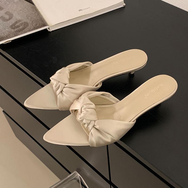 Fashion Fashion Pointed Toe Women Low Heel Slippers Summer Female Slides Sandals Butterfly-Knot Ladies Heeled Slippers Shoes Pumps