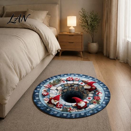 Decorative Indoor Room Rug Christmas Round Area Rug, 3D Optical Illusion Floor Mat with Santa Candy Cane Print, Non-Slip Stain Resistant Carpet