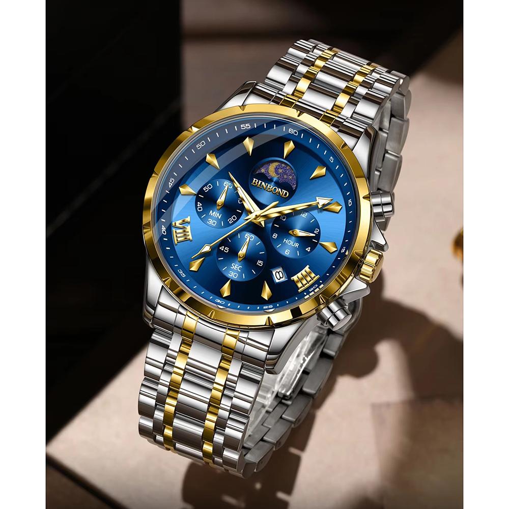 Mens Business Chronograph Watch Stainless Steel Analog Moon‑Phase Wristwatch Waterproof Luminous