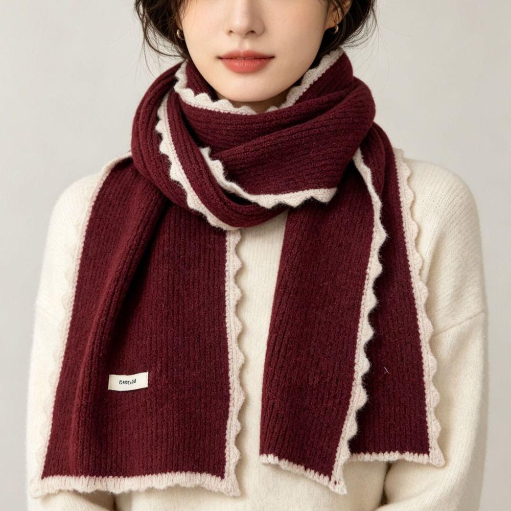 Korean Design Knitted Scarf Thick Knitted Solid Color Shawl Cozy Contrast Scarf For Women