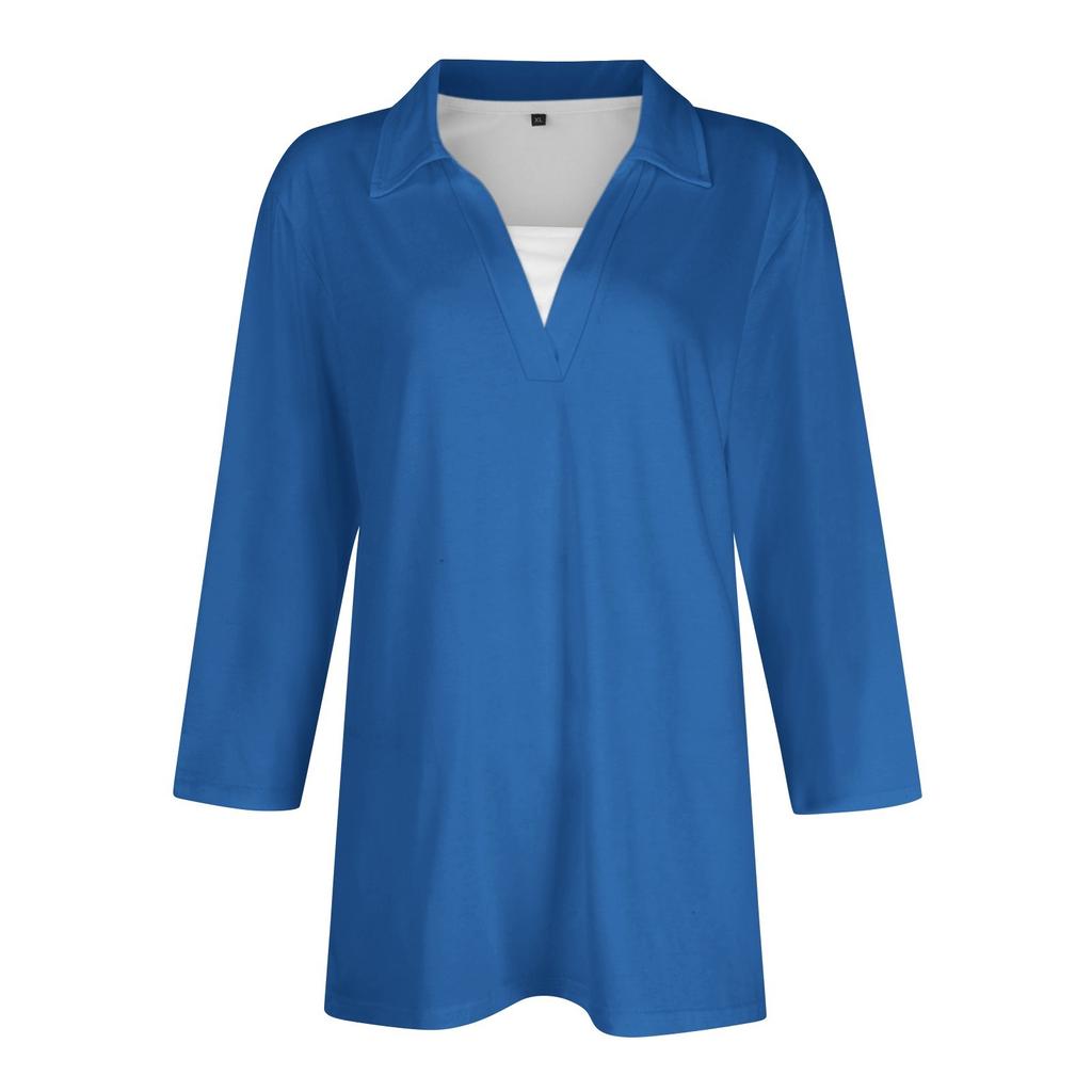 Женская модная повседневная свободная однотонная футболка с рукавом 3/4 с лацканами, женский топ