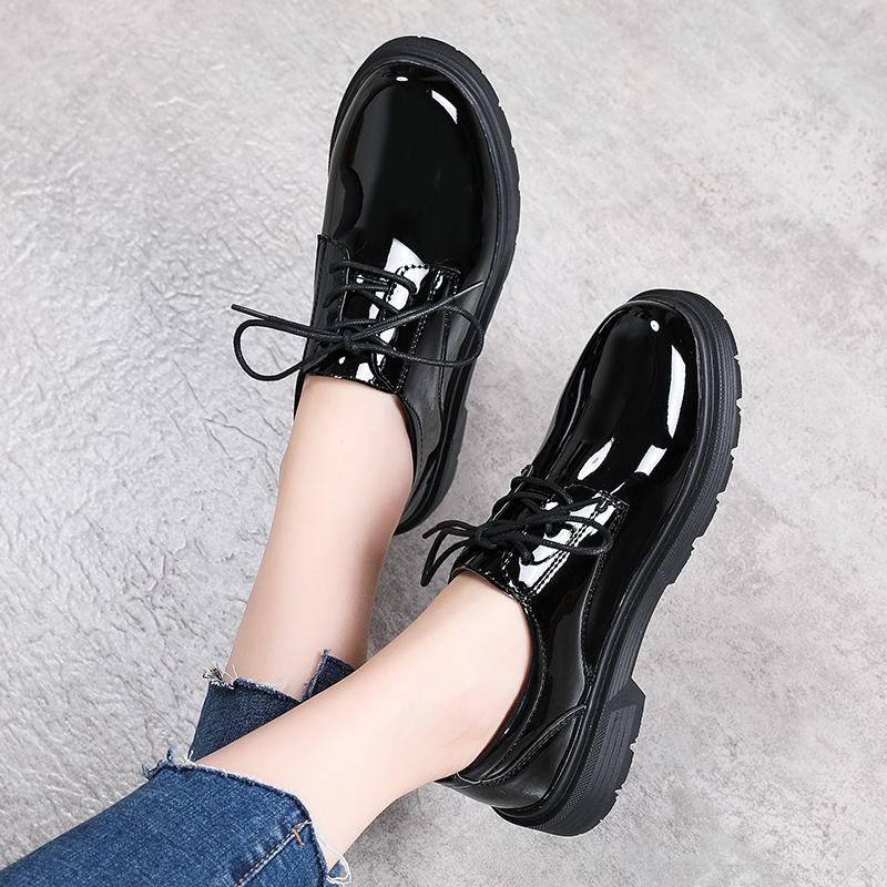 Spring British Style Student Girl Leather Shoes Full Black Office Business Lace Up Women Oxford