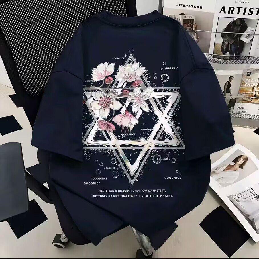 2026 Summer American Cotton Print Short Sleeve TShirt Ins Unisexs And Unisexs Six Star Loose Trend Half Sleeve Top