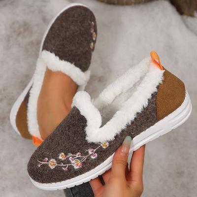 Зимние бархатные вышитые низкие туфли большого размера женские трансграничные замшевые разноцветные вышитые хлопковые туфли на плоской подошве