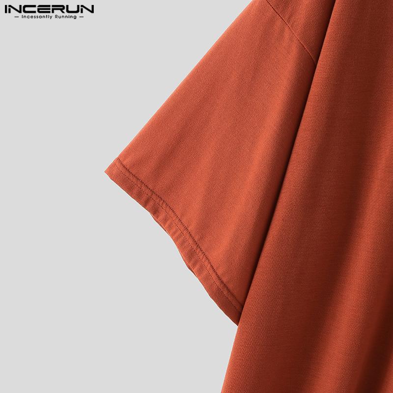 INCERUN Большие летние мужские квадратные воротники с коротким рукавом, регулируемые пуговицы, повседневные свободные топы, футболки