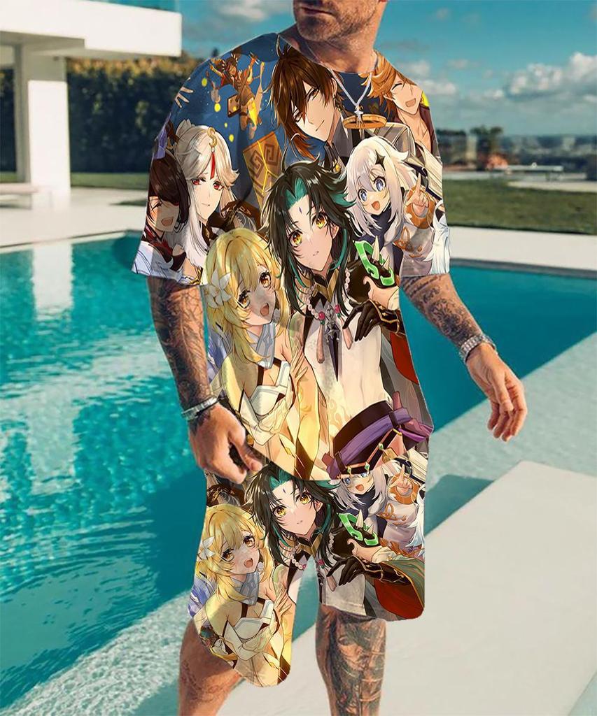 European and American cross-border new animation 3D digital original god printing men's T-shirt shorts set wholesale, short-sleeved set