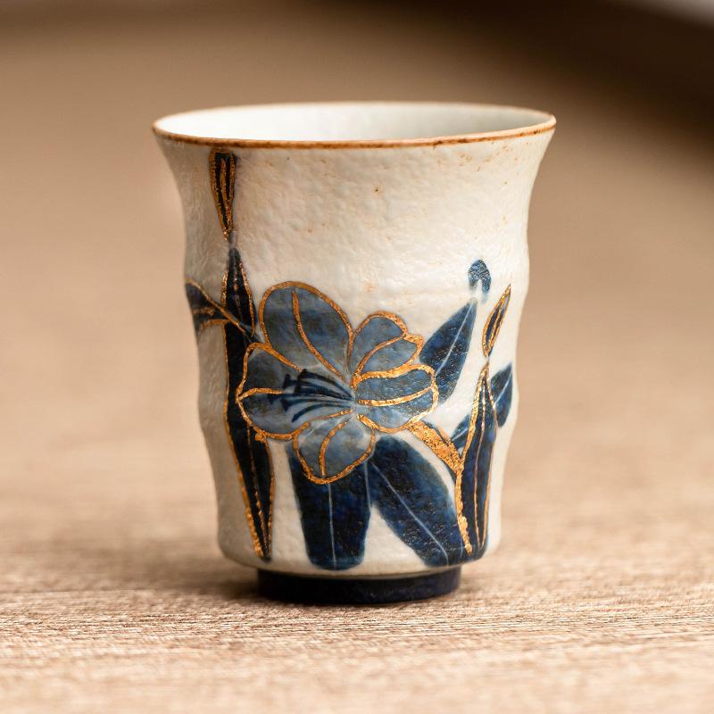 Hand-Painted Lily Bamboo Teacups Blue and White Flint Ceramic Master Cups Household Drinking Cup Chinese Kung Fu Tea Set Bowls