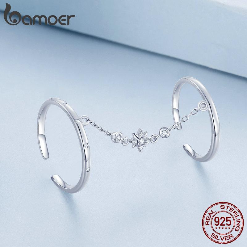 BAMOER 925 Stelring Silver Open Chain Rings for Women Double Circle Link Rings Party Wedding Jewelry Gift