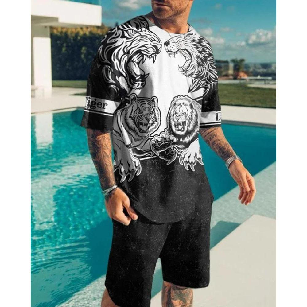 Летний комплект из 2 предметов с шортами с рисунком льва и свирепого зверя, повседневные уличные футболки и шорты, спортивный костюм с круглым вырезом и 3D-принтом