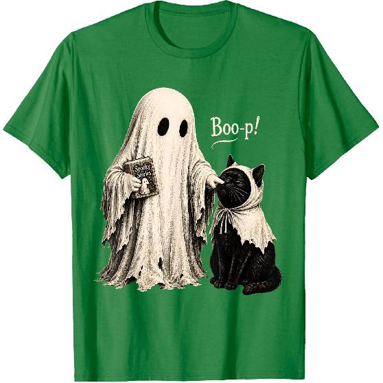 Vintage Halloween Spooky Book Ghost with Black Cat Boo-p T-Shirt