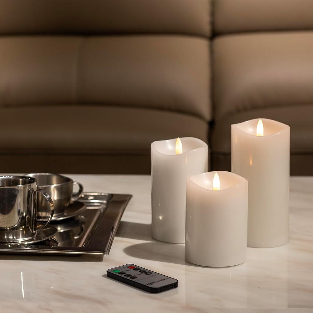 Flickering Flameless Candles, Battery Operated Candles with Timer, Real Wax Pillar Electric LED Candle for Wedding Christmas Party (White)