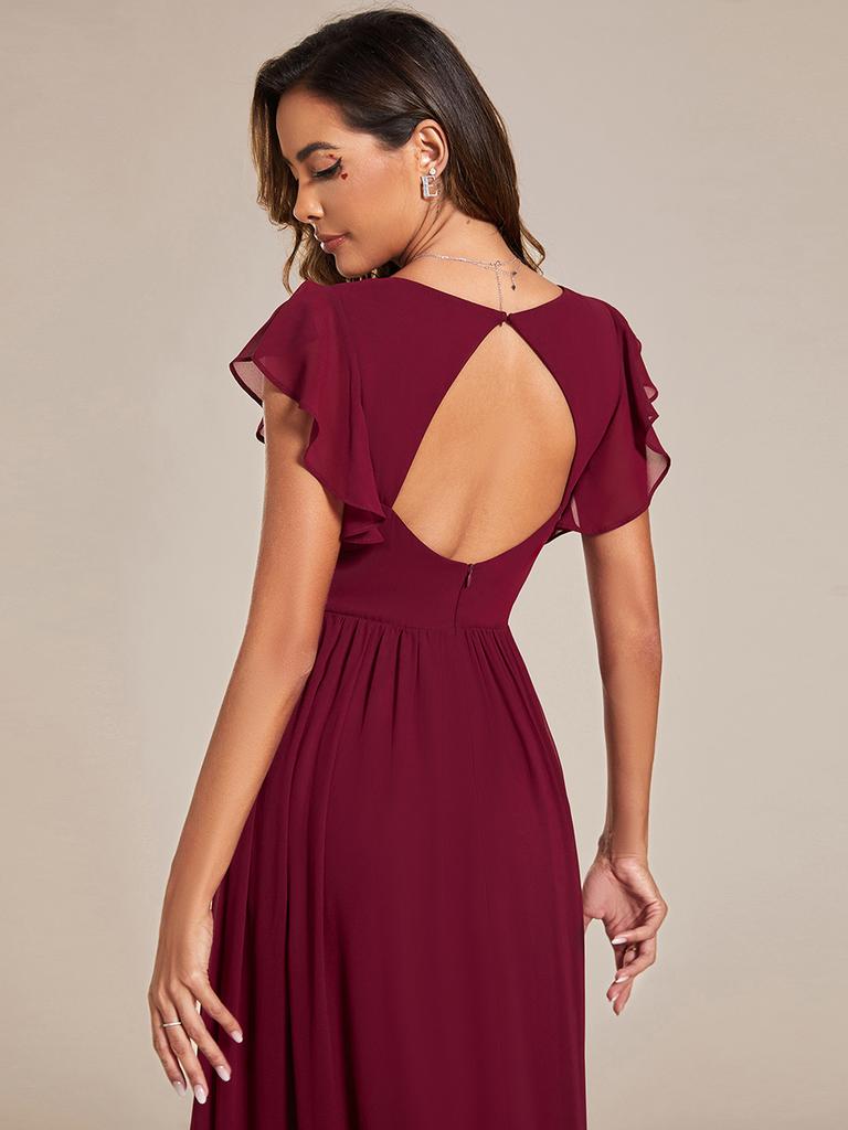 Ever-Pretty Women's A-Line V Neck Pleated Belted Ruffles Sleeves Open Back High Waist Bridesmaid Dresses