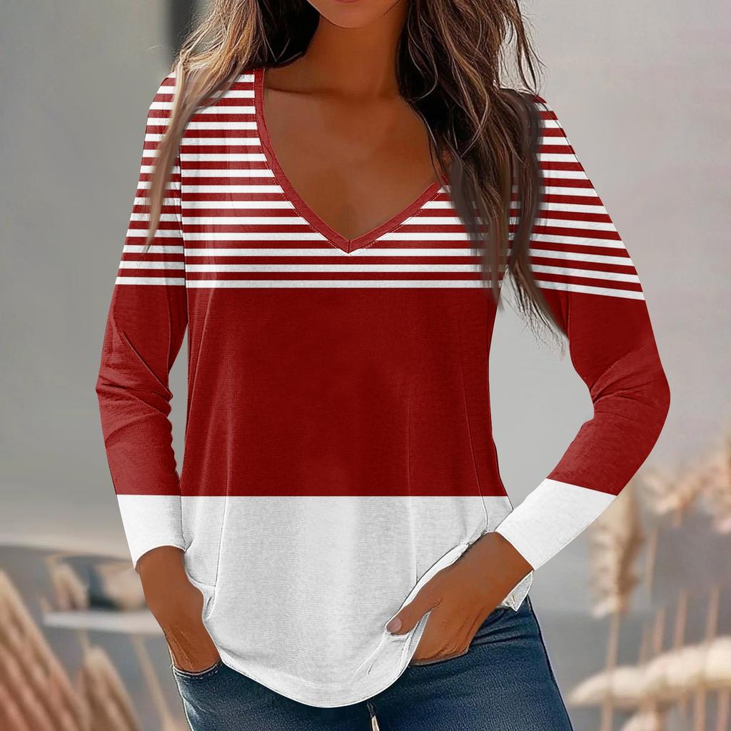 Womens Long Sleeve Tops V Neck Shirts Casual Stripe Print Basic Trendy Tee Blouses Fall Tunic Outfits Fitted T Shirts