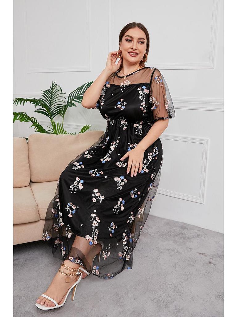 Вечернее платье большого размера в стиле Хепберн: Женское сетчатое платье с вышивкой для банкетной вечеринки