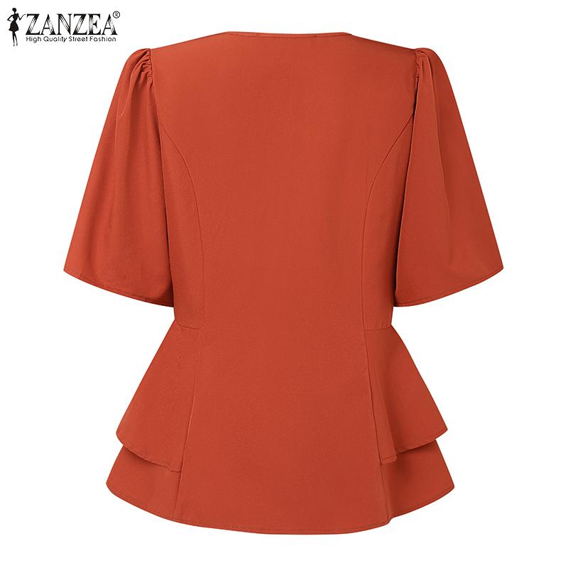 ZANZEA Elegant Ladies V-Neck Short Sleeve Ruffled Hem Blouse