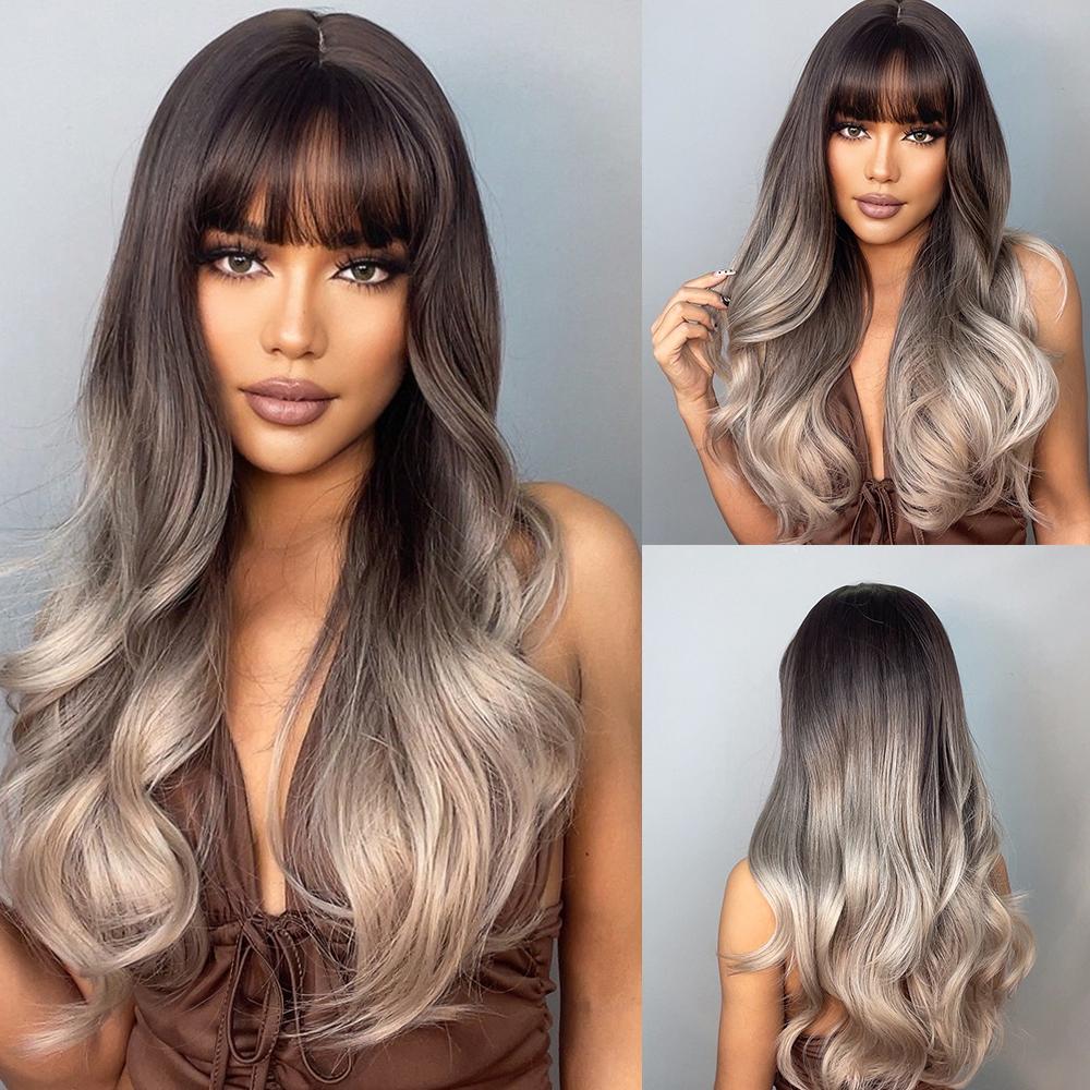 HENRY MARGU Red Ginger Copper Yellow Synthetic Wig for Women Long Curly Wave Wigs with Bangs Cosplay Party Heat Resistant Hair
