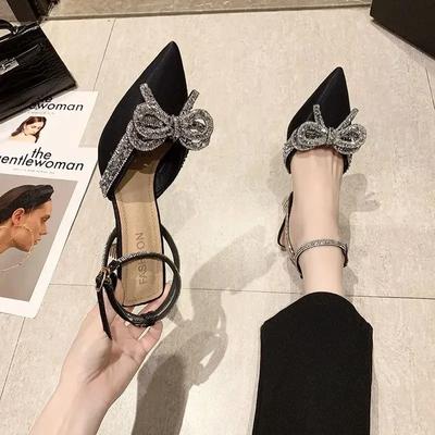 Женские сандалии с кристаллами, классические летние туфли на высоком каблуке с бантом в стиле феи, свадебные туфли подружки невесты на тонком каблуке с бриллиантами