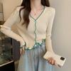 Spring Korean Design V Neck Ruffle Blouse Women Slim Long Sleeve Knit Cardigan