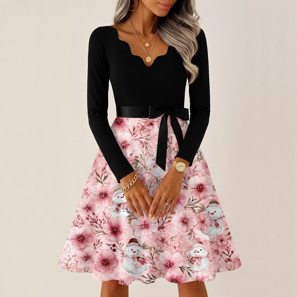 Women's Casual Fashion V-neck Long Sleeved Retro Christmas Print Retro Dress