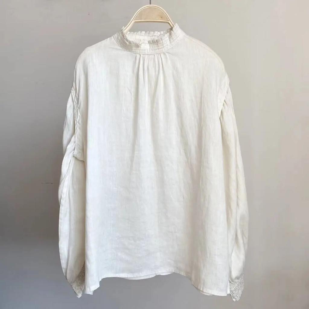 Johnature Simple Women Tops Shirts Spring Summer Casual Vintage Solid Color Loose Button Pleated Women Blouses