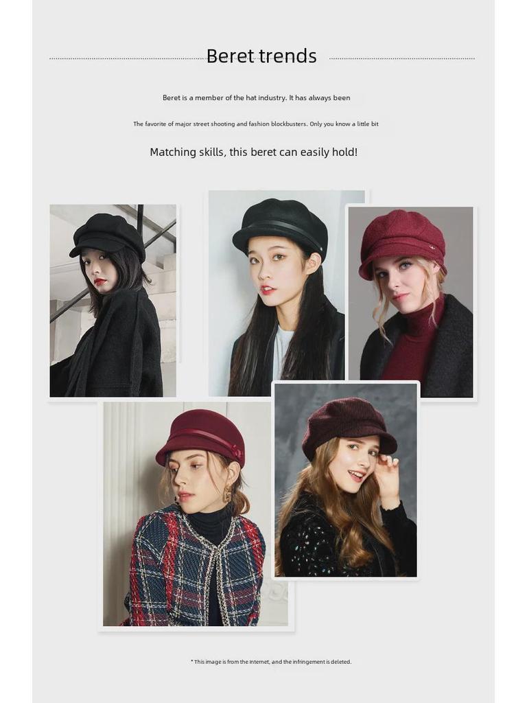 2022 New Women's Autumn/Winter Black Wool Beret - Trendy Korean Duckbill Cap, Face-Revealing, All-Match Style