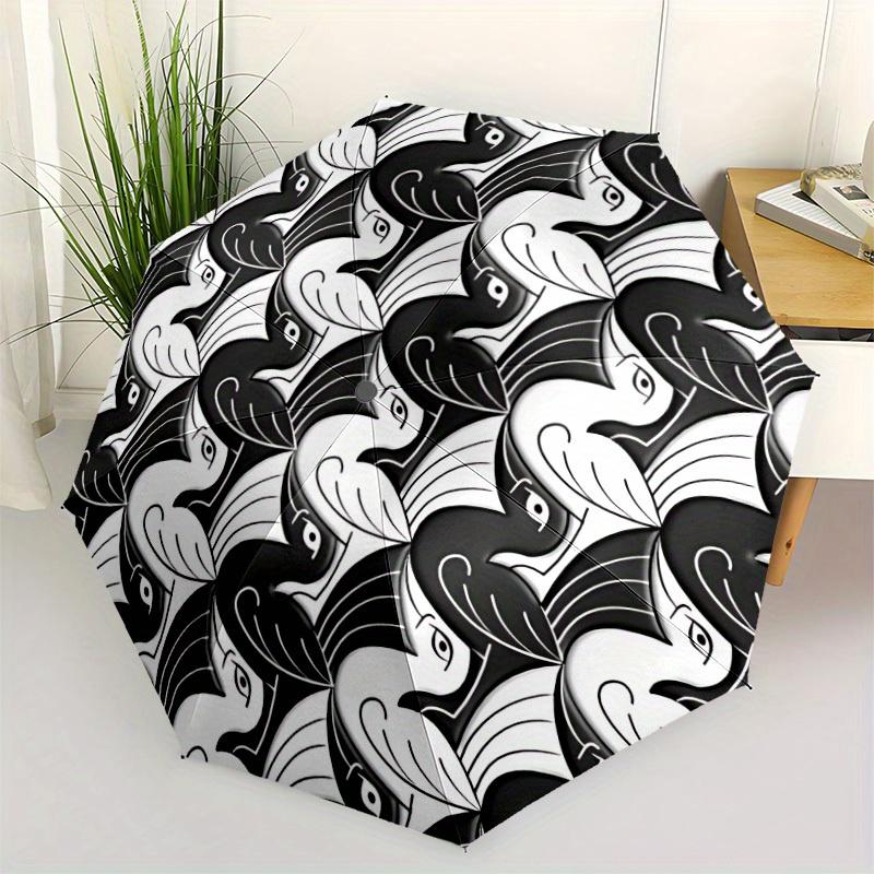 1pc Swans Abstract Automatic Open/close Folding Compact Umbrella, 8-Rib Sturdy Canopy, Lightweight Portable, Everyday Use, Gift, Outdoor Umbrella, Tra