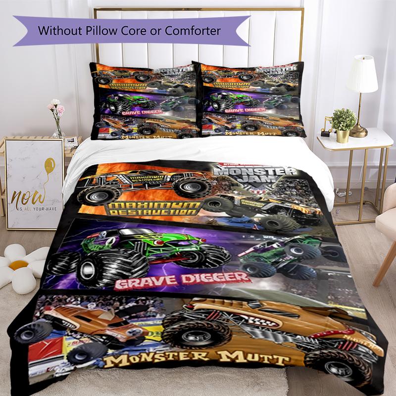 3pcs Monster Jam pattern bedding set duvet cover set includes duvet cover &pillowcases, perfect all season bedroom decoration & gift