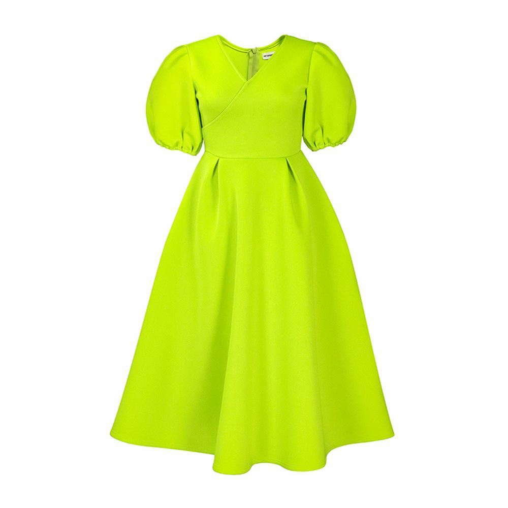 Женское модное однотонное платье большого размера, элегантное цельное платье с v-образным вырезом и пышными рукавами