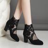 Fashion Women High Heels Lace Flower Ankle Strap Hollow Out Sandals Round Toe Zip Pumps Zapatos De Mujer